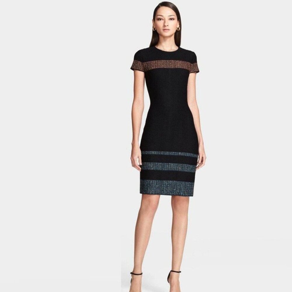 St. John Black Tweed Dress with Multicolor Stripes